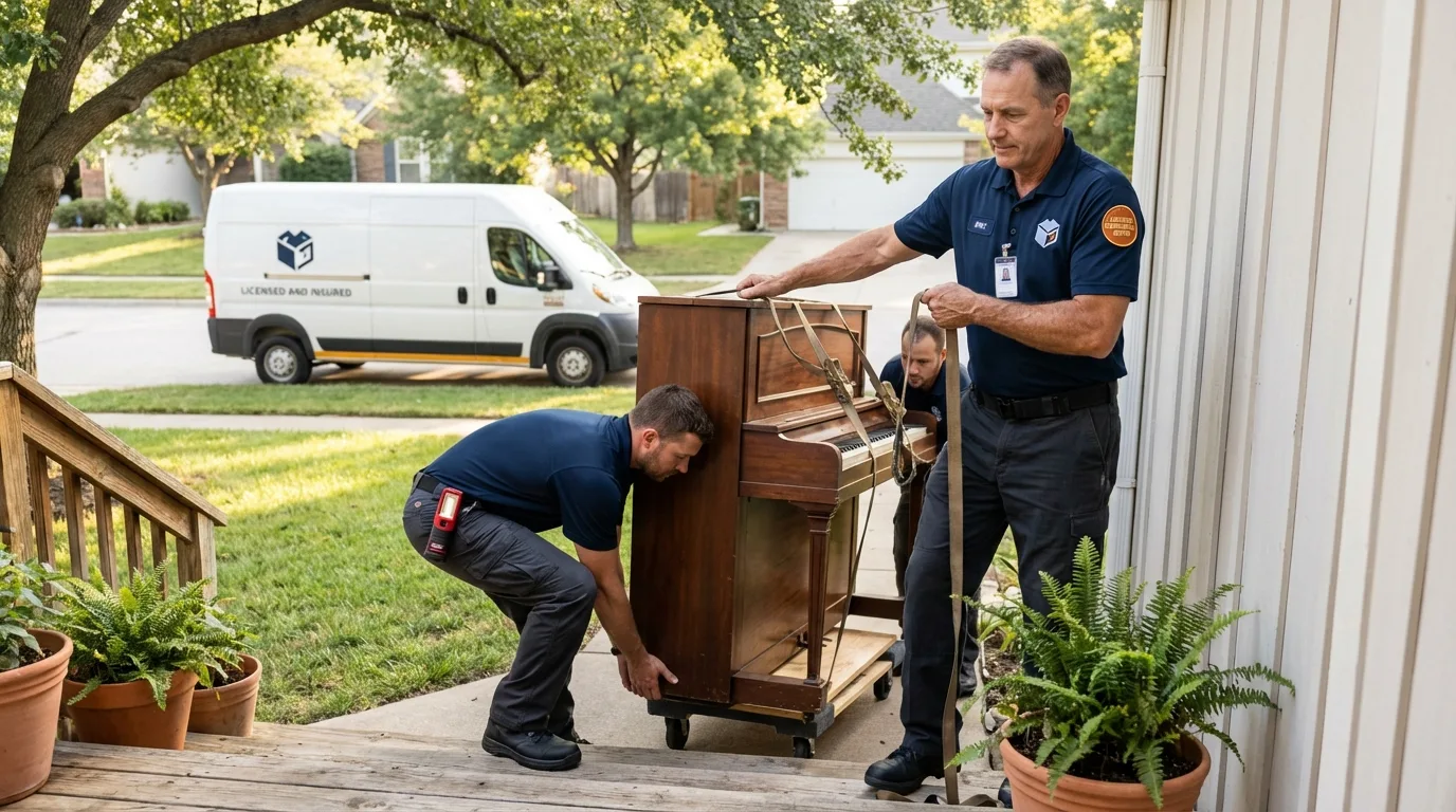 Licensed piano movers securing grand piano in Wilson, NC